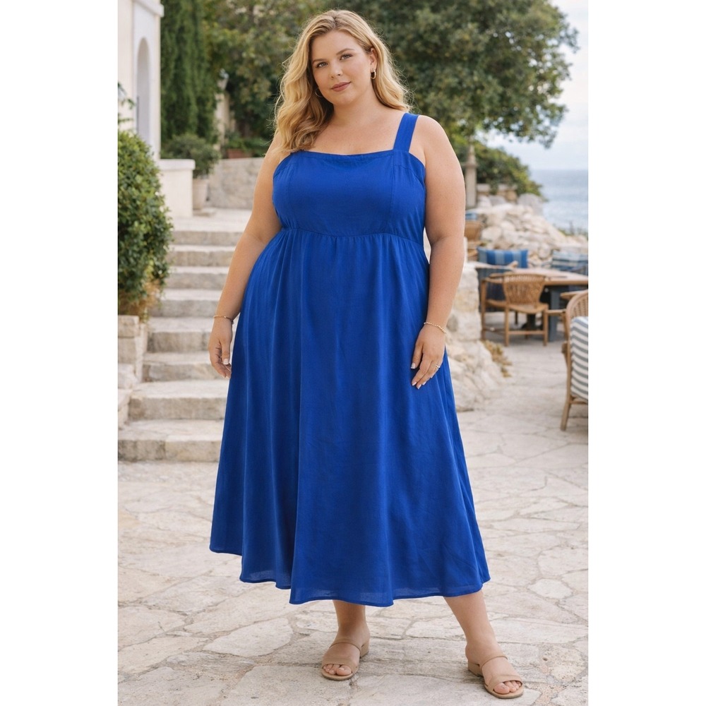 Vince Camuto 2X Cobalt Blue Midi Dress Smocked Back Fit Flare Coastal Chic‎
